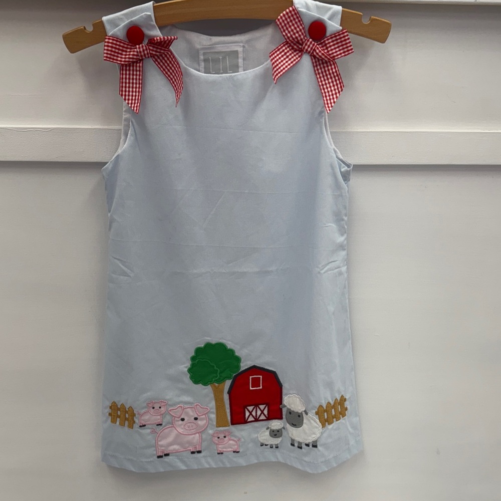 Blue Farm-Themed Kids Dress with Red Accents
